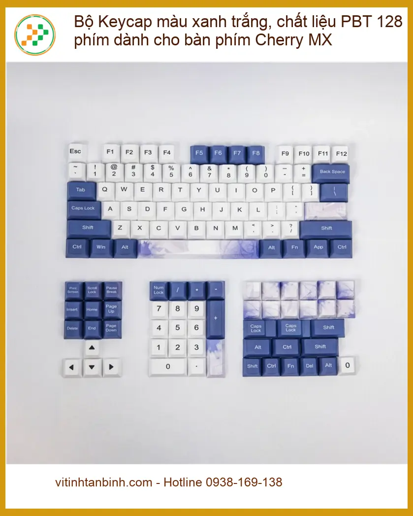 Bộ Keycap PBT xanh trắng 128 phím Cherry MX - Sẵn hàng Cửa hàng TPHCM Lấy liền